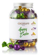 Cocoture Chokoladekugler i lilla, solgul & lysegrøn i plastbøtte "Happy Easter" 1,2 kg   